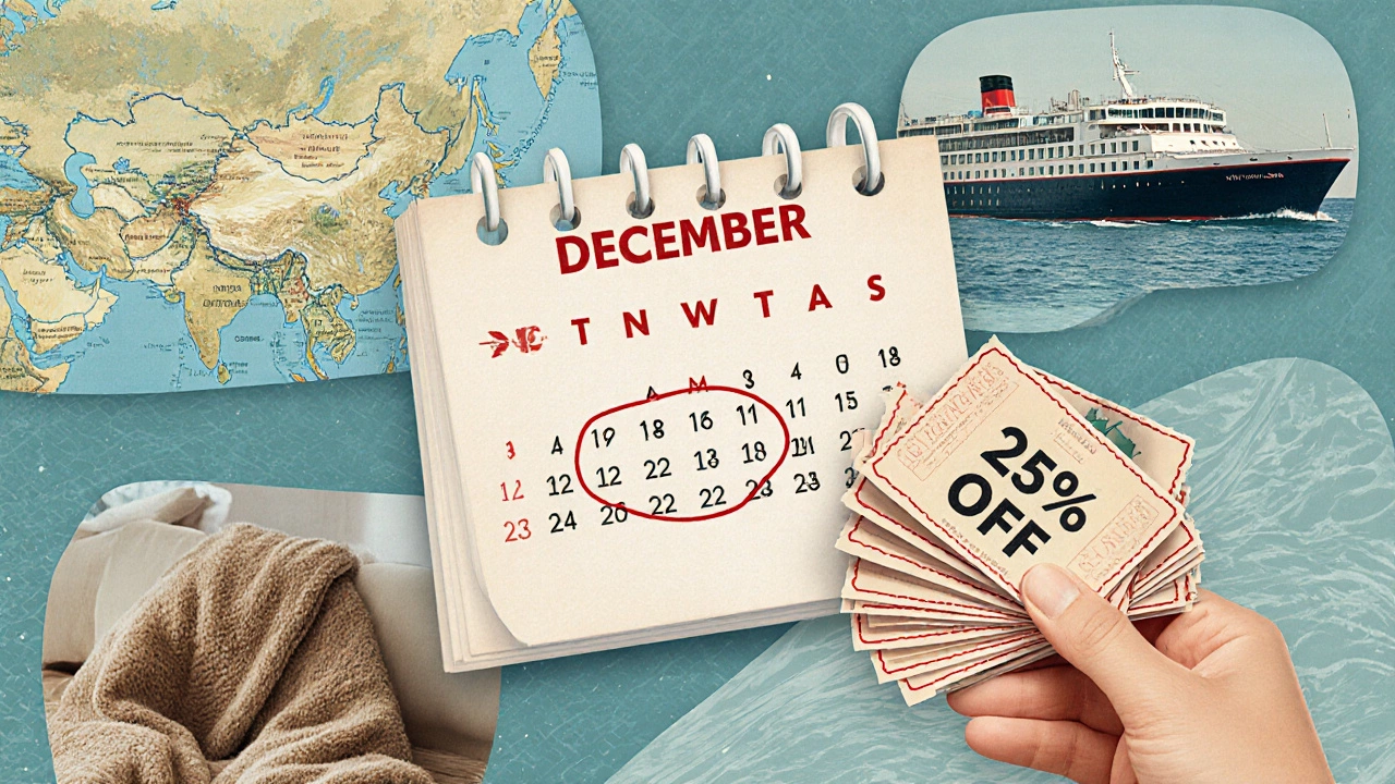 Декабрьский календарь с пометкой '25% скидка' и изображениями круиза, карты Волги и билетов.