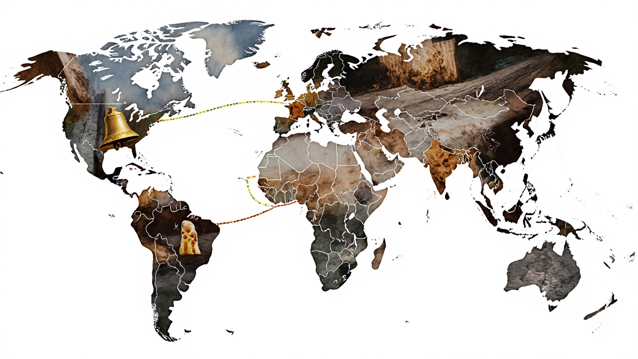 Глобальная карта с маршрутами пешего туризма, украшенная текстурами природы и городских ощущений.