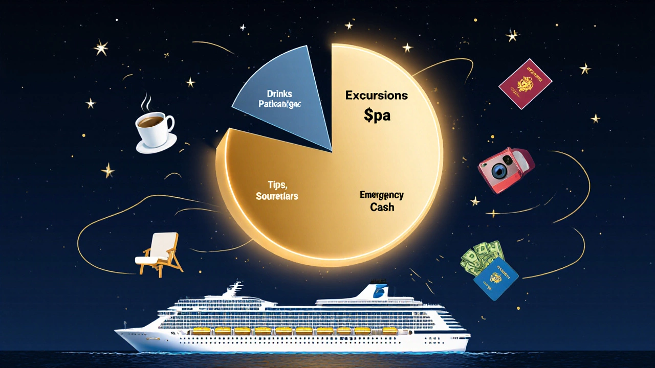График расходов на круизе с иконками напитков, экскурсий и сувениров над кораблем