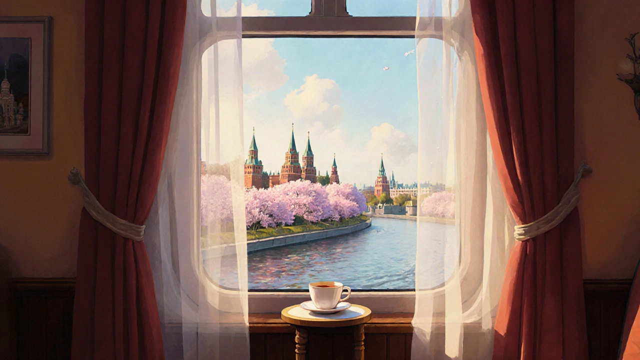 Каютное окно круизного судна в мае: чашка чая и цветущие ветви за стеклом, тёплый утренний свет.