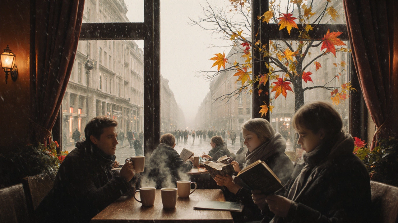 Кофе в Берлине в ноябре с теплым светом и дождем за окном.