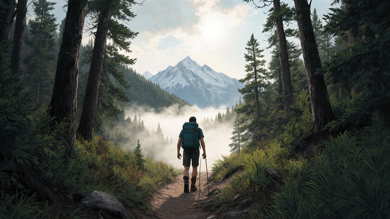 Одинокий путешественник идет по лесной тропе в Кавказских горах, окруженный туманом и соснами.