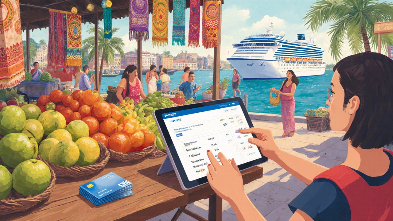 Путешественник сравнивает цены на планшете в портовом рынке с кораблем на фоне