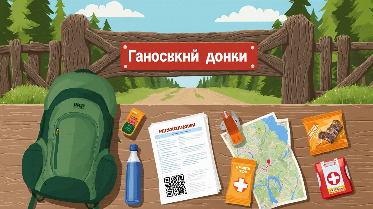 Рюкзак с документами, картой и снаряжением у входных ворот заповедника.