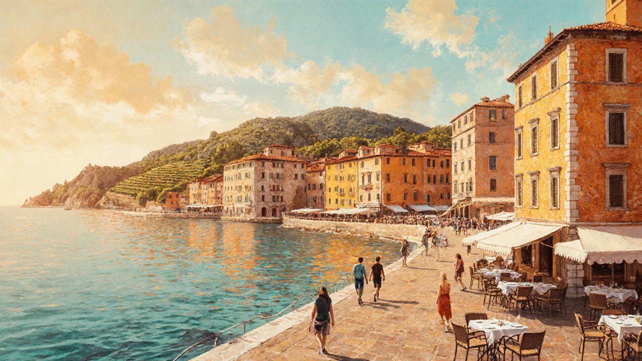 Средиземноморский порт в сентябре с пустыми площадями и виноградниками на холмах.