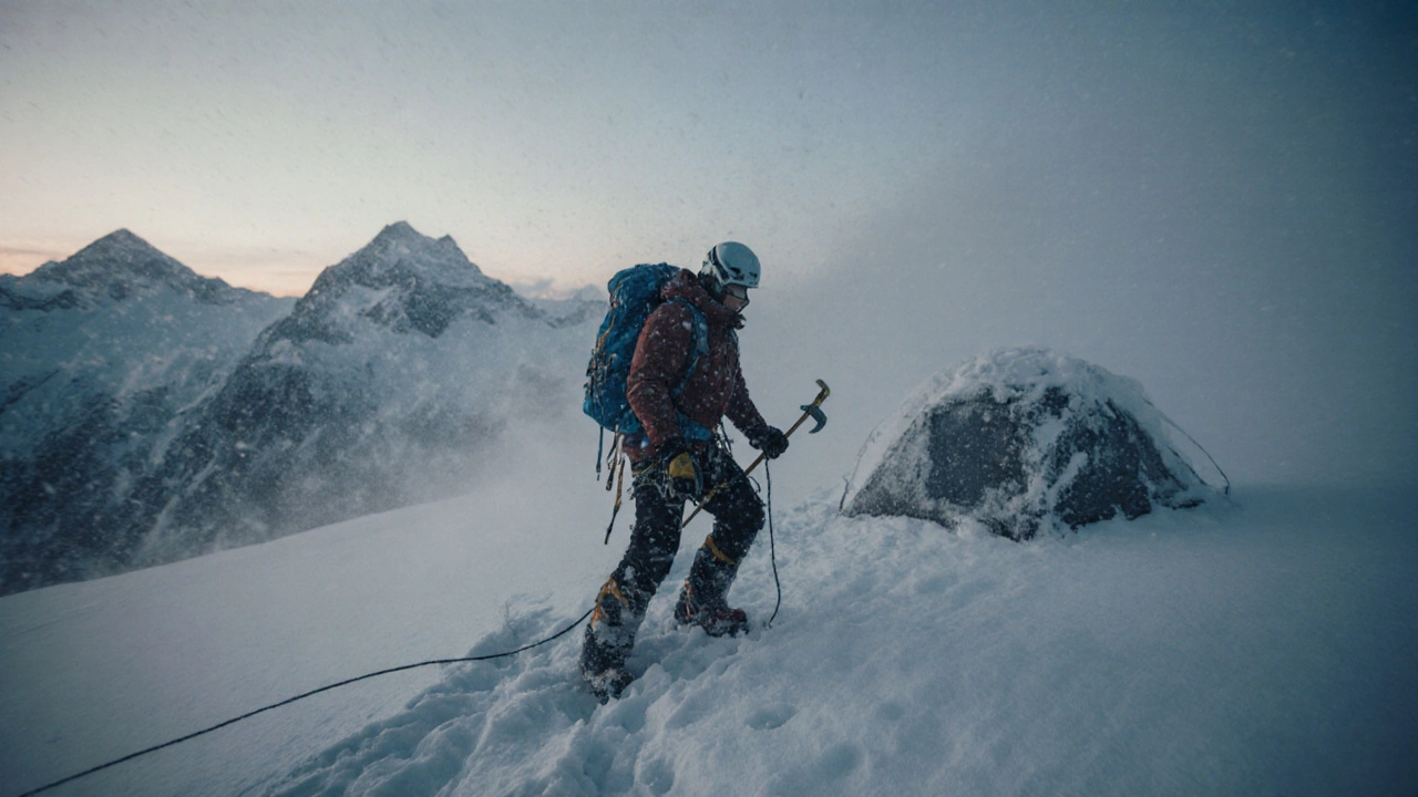 Альпинист в буране на леднике, использует ледоруб и верёвку для безопасности.