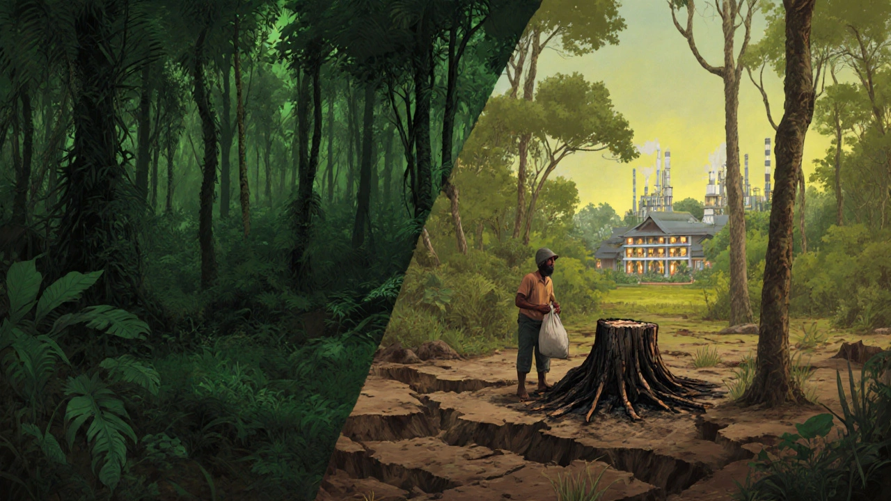 Бедная земля в тропиках рядом с пышным лесом и далёким курортом.