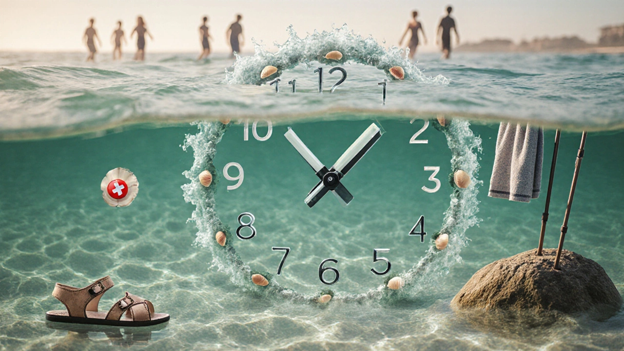 Часы из волн с ракушками, показывающие безопасное время купания, вокруг — символы детей, пожилых и медицинских рисков.