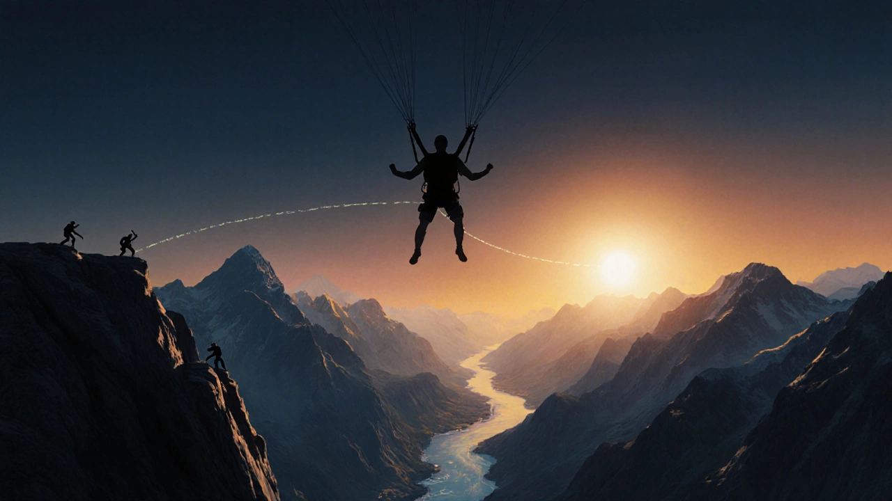 Человек в крыле-парашюте парит над горами, солнце восходит за горизонтом.