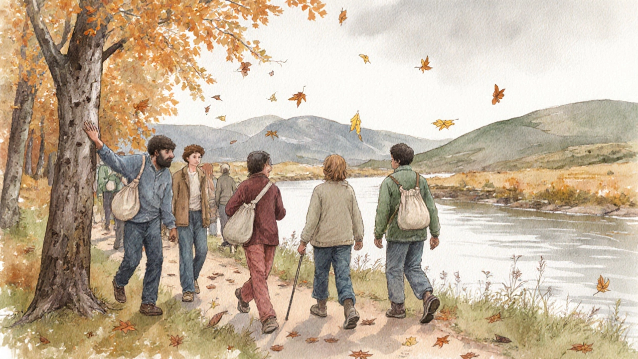 Группа людей спокойно гуляет по тропе у реки в осеннем лесу Сибири.