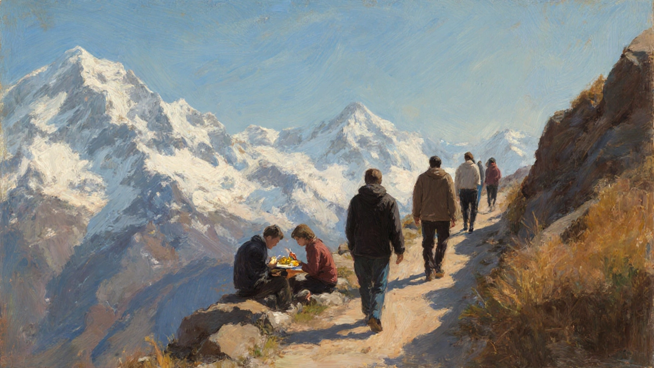 Группа людей вместе на горном перевале, без телефонов, делятся едой в тишине среди гор.