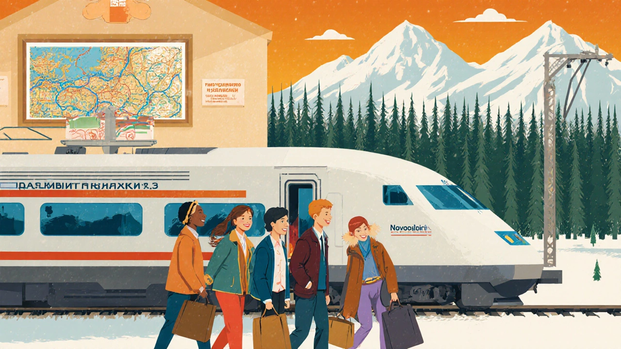 Группа туристов садится на электричку в Новосибирске, местные помогают с багажом.