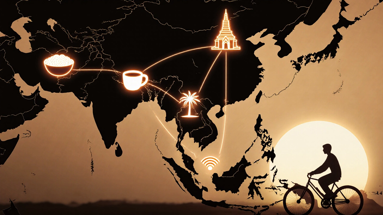 Карта Азии с отмеченными дешевыми городами для проживания, символизированными едой, природой и интернетом.