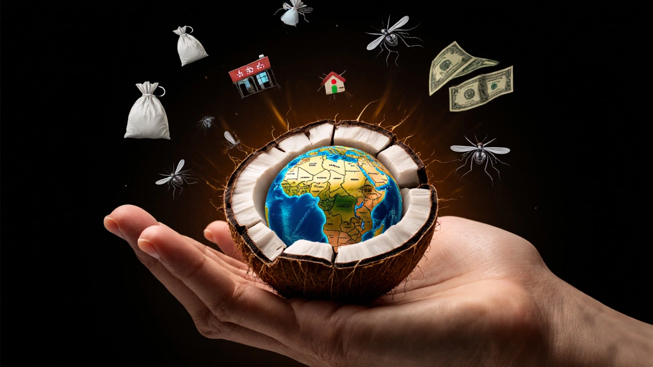 Кокос, внутри которого — разрушенная карта тропической страны.