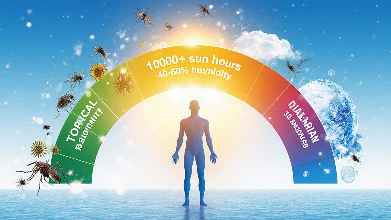 Концептуальная иллюстрация человека на весах между тропическим влажным климатом и сибирским холодом, по центру — золотой свет оптимальных условий.