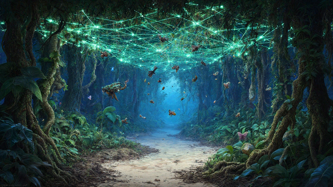 Концептуальное изображение тропического леса как живого организма: корни и ветви светятся, животные и растения связаны сетью, бедная почва контрастирует с пышной кроной.