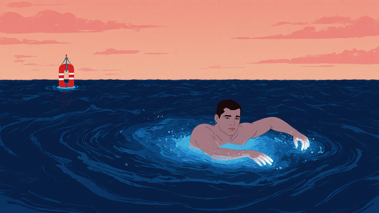 Один пловец в океане на закате, слабый синий свет вокруг рук — признак потери тепла.