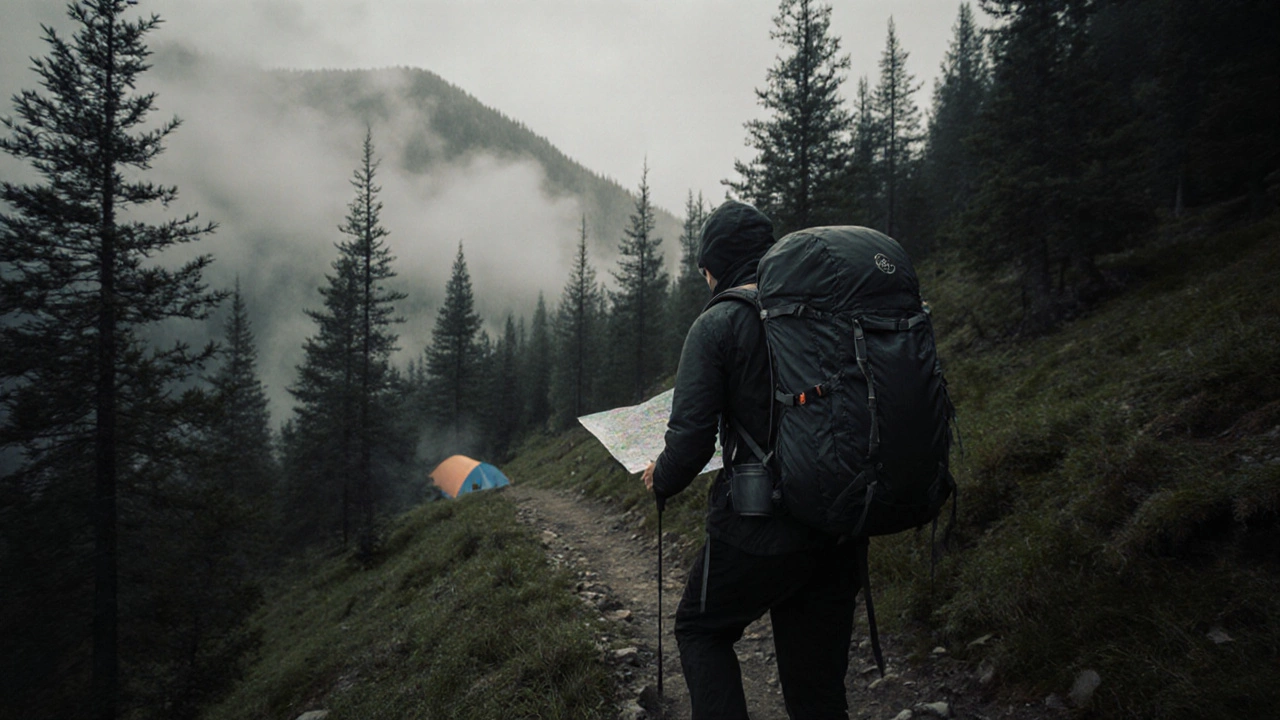 Одинокий турист с тяжелым рюкзаком ориентируется по карте в дикой горной местности.