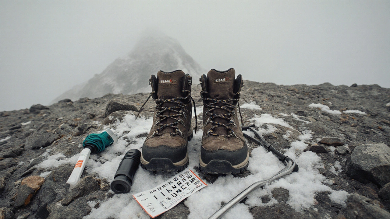 Потрёпанные ботинки на скале с разбросанными предметами: ингалятор, тест на беременность, очки.