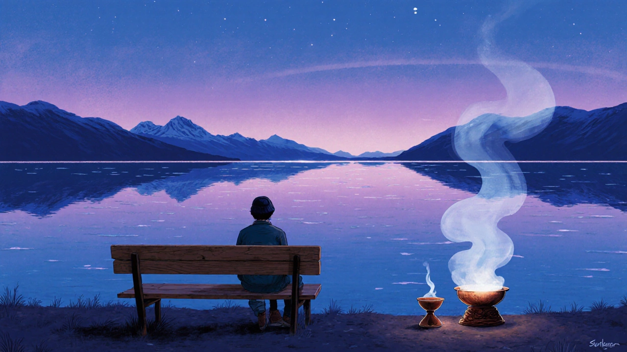 Путешественник сидит у озера Байкал на закате, вода отражает небо, рядом — самовар.