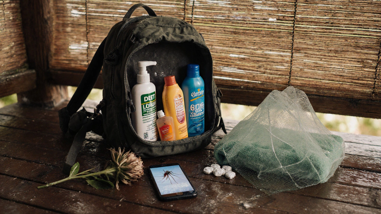 Раскрытый рюкзак с необходимыми вещами для поездки в тропики: средство от комаров, солнцезащитный крем, сухое полотенце.