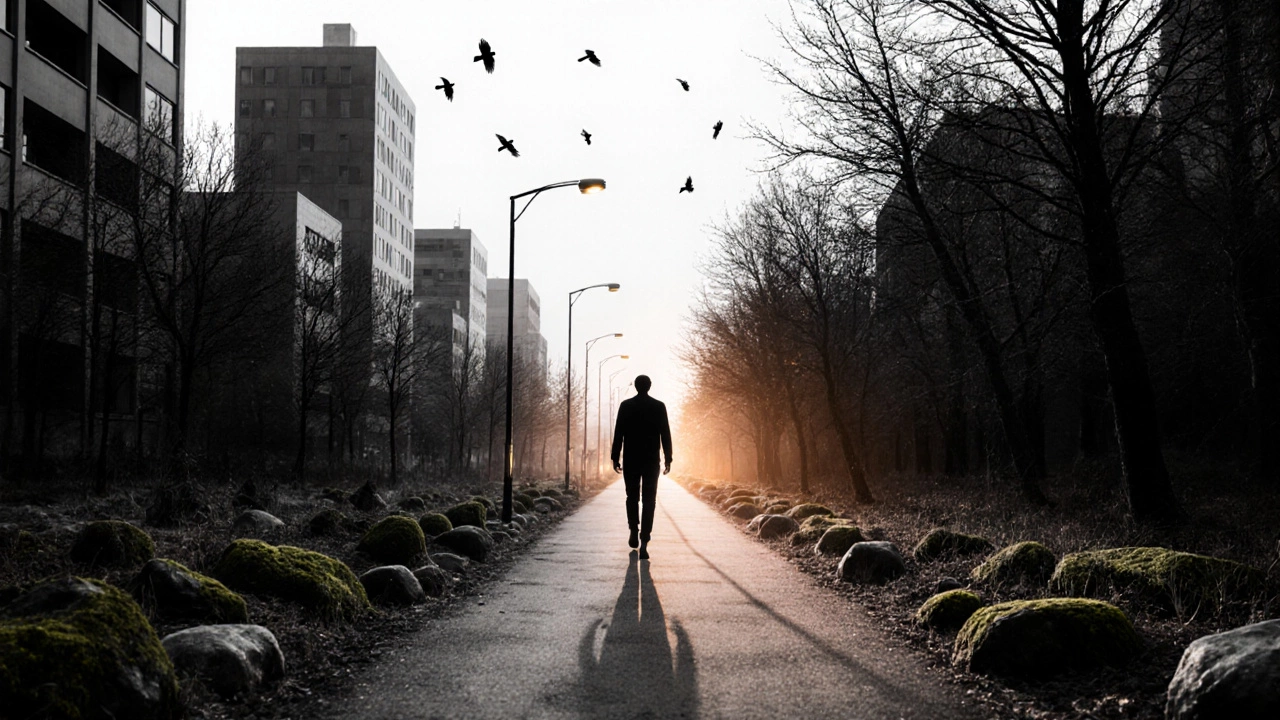 Силуэт человека переходит от городского пейзажа к дикой природе, символизируя возвращение к себе.