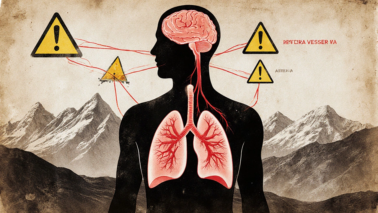 Силуэт человека с медицинской схемой сердца, лёгких и мозга, показывающей повреждения на высоте.