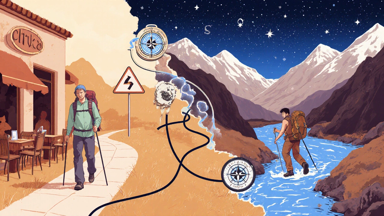 Символическое изображение перехода от легкого трекинга к сложному походу в природе.