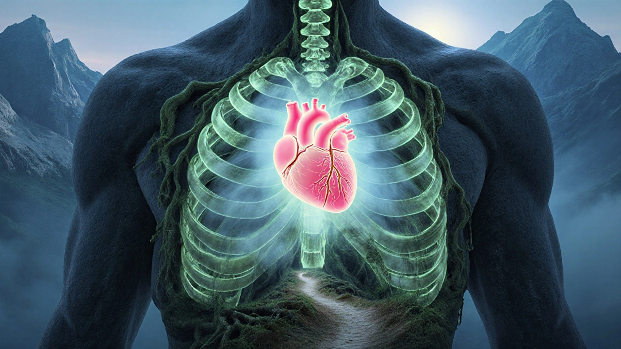 Символическое изображение сердца и лёгких, сливающихся с горным пейзажем, как метафора оздоровления.