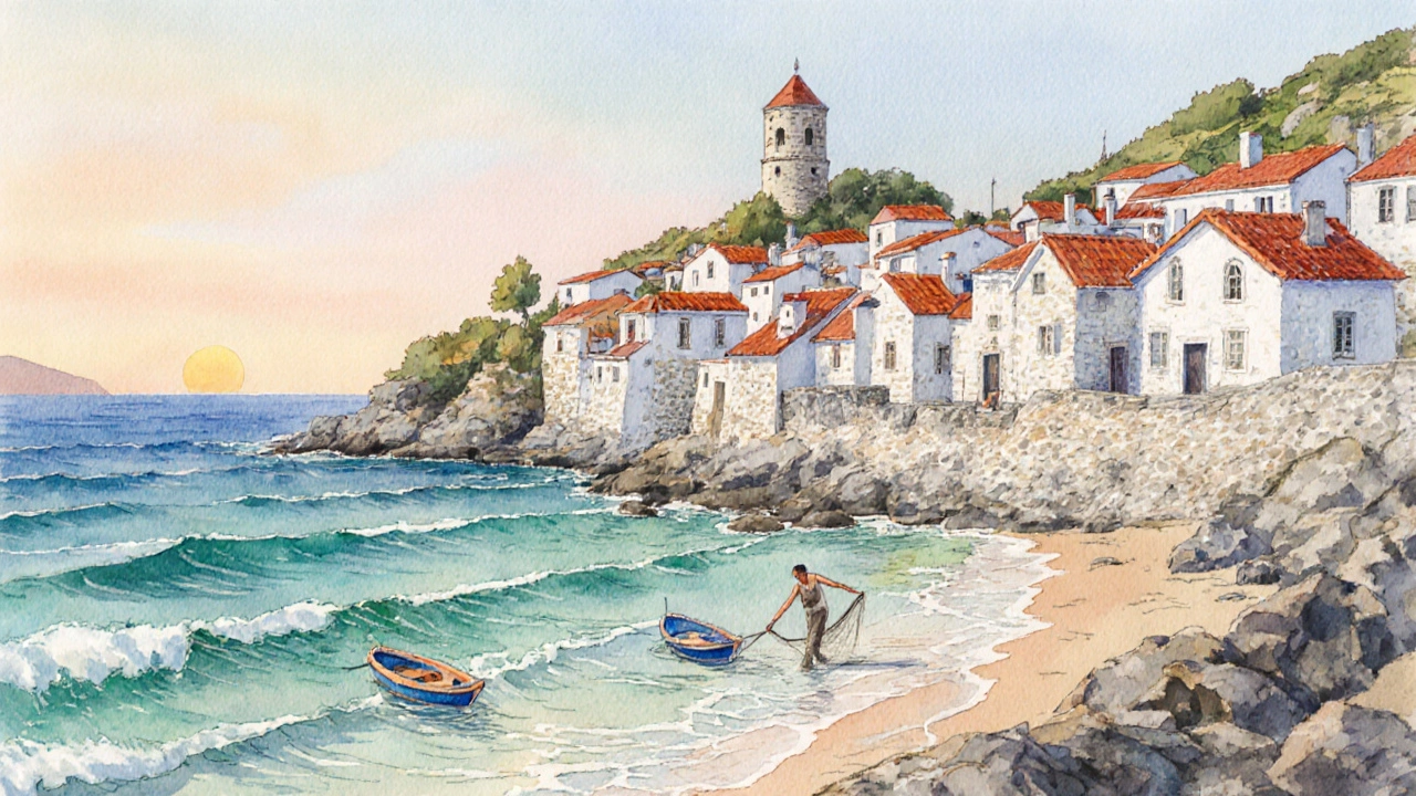 Тихий албанский пляж на рассвете с рыбаком и древней башней на холме.