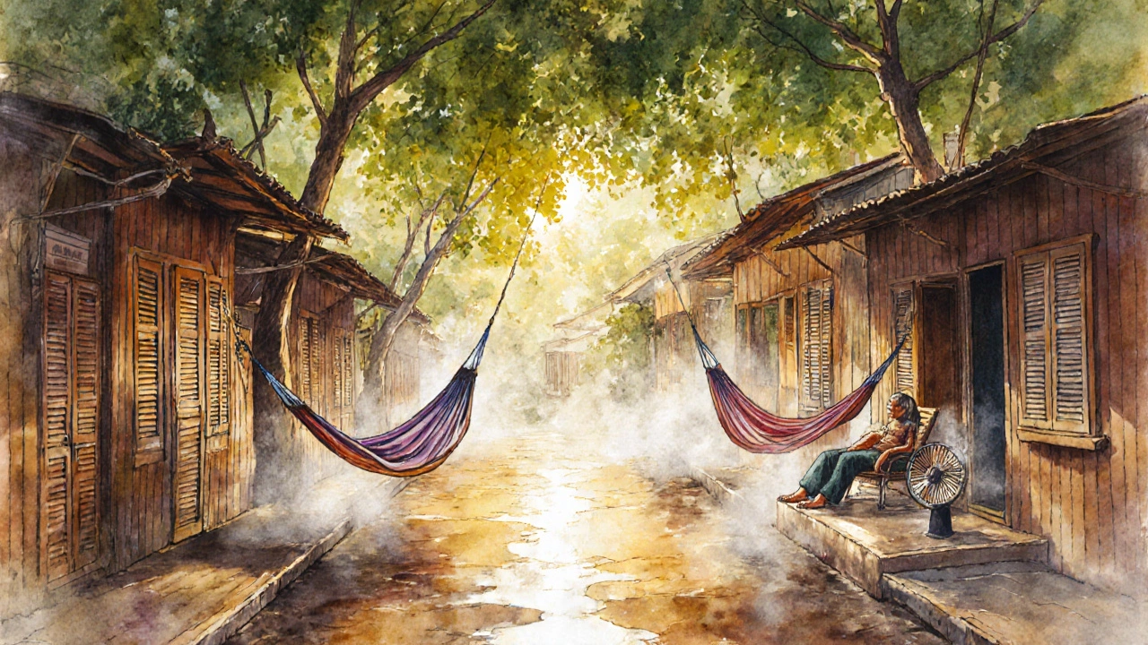 Тихий тропический деревенский пейзаж в полдень: закрытые ставни, качающиеся гамаки, человек спит на веранде, жара и влажность ощущаются в атмосфере.