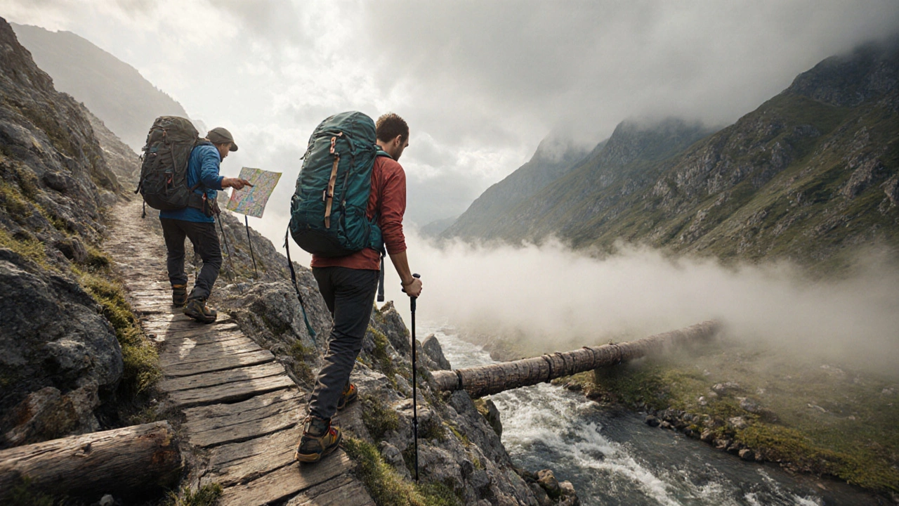 Три туриста преодолевают каменистый гребень с переправой через реку по бревну.