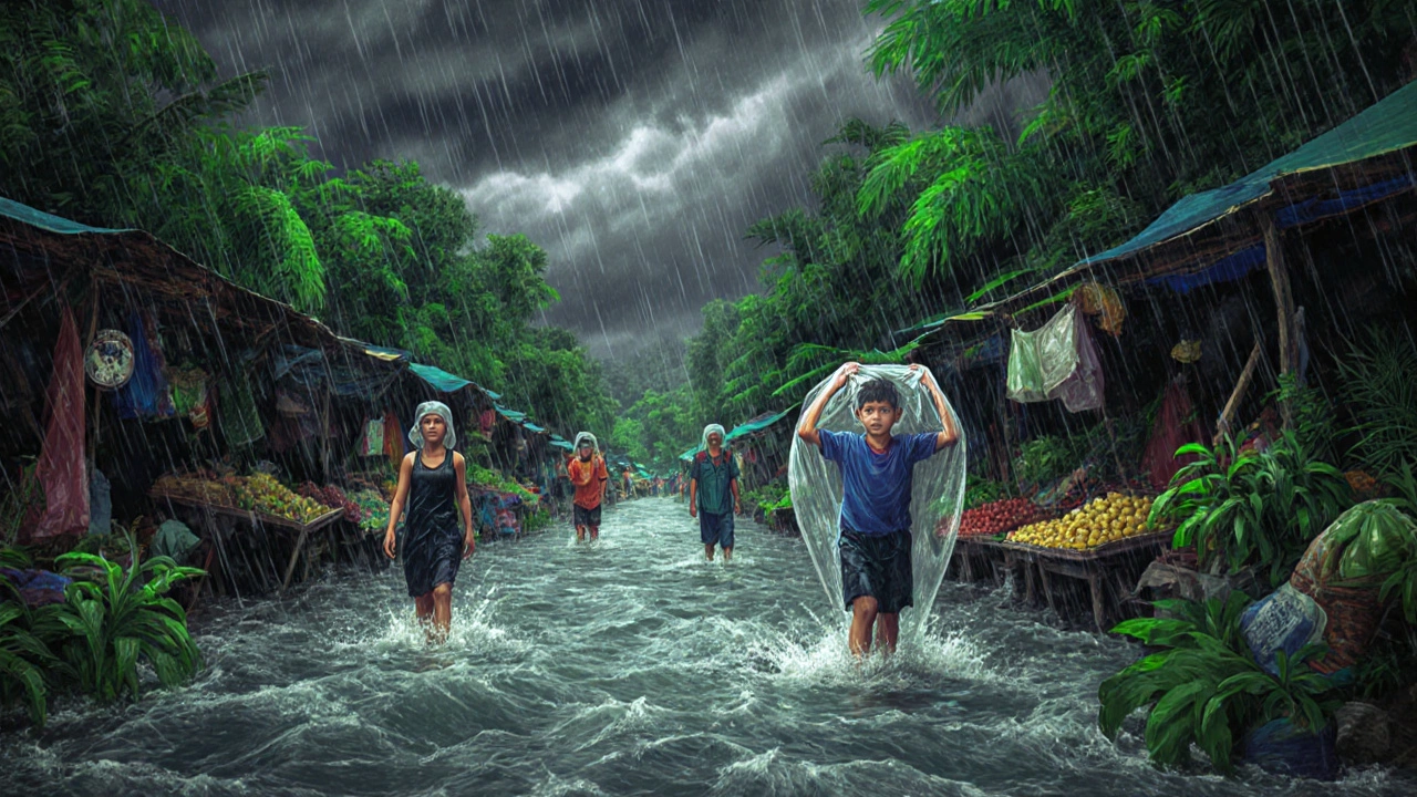 Улица в тропической деревне превратилась в реку, люди идут через воду, рынок разрушен.