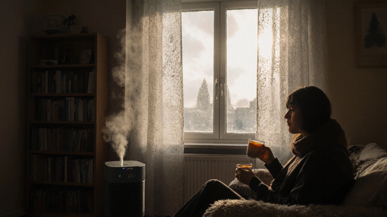 Уютная комната в российской квартире зимой с морозными узорами на окне и увлажнителем, создающим комфортный микроклимат.