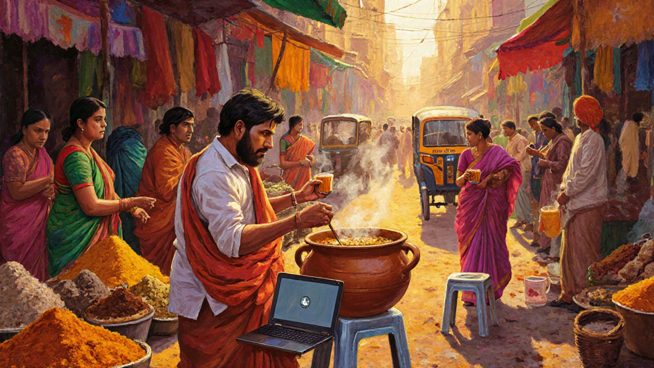 Живой рынок в Бангладеш: продавец подает еду за доллар, рядом ноутбук и чашка чая.