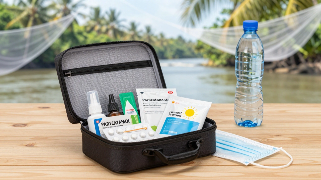 Аптечка путешественника с репеллентом, лекарствами и бутилированной водой на фоне тропиков.