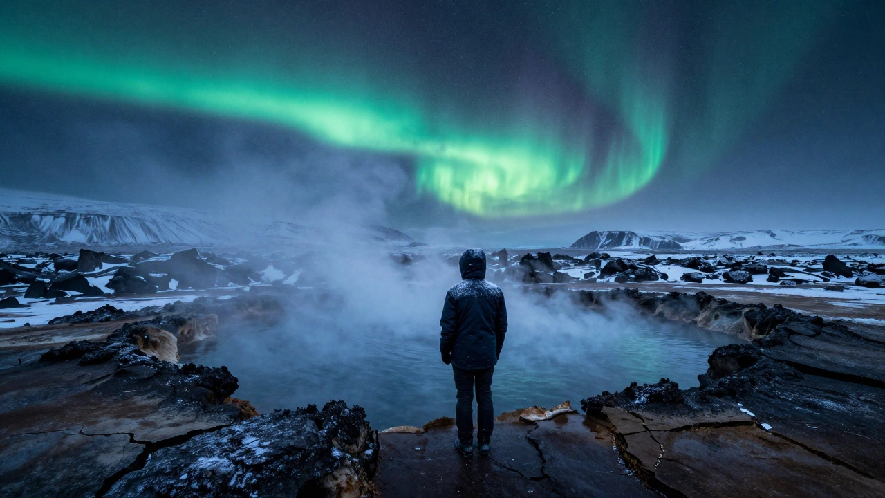 Человек в горячем источнике в Исландии зимой, северное сияние над головой.