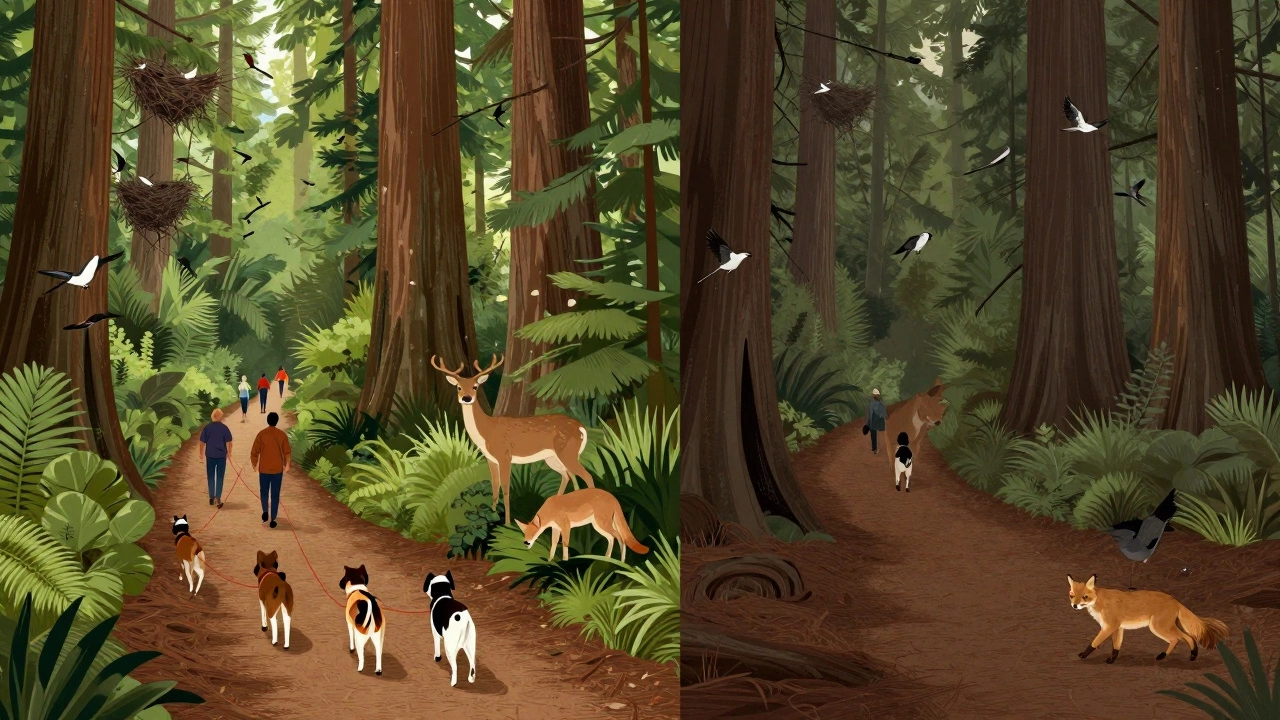 Диptyх: слева — собаки пугают диких животных, справа — природа восстанавливается после запрета на собак.