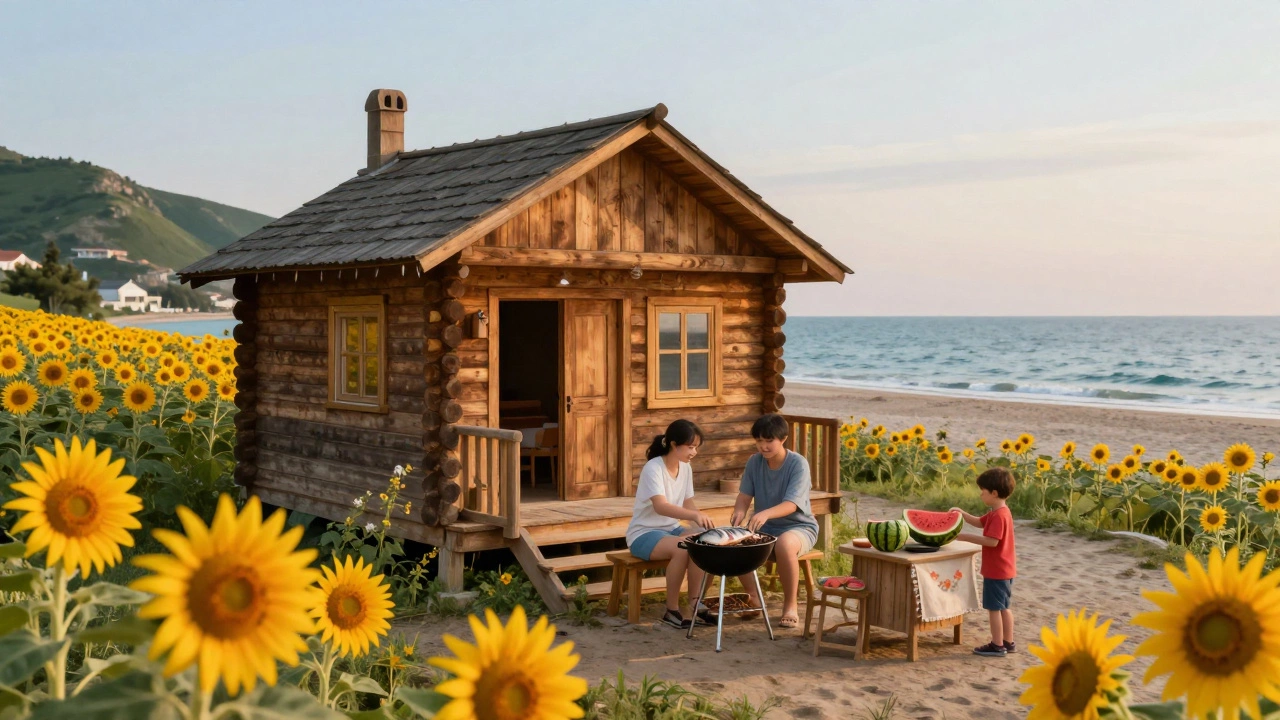 Домик в Крыму с семьей на пляже, гриль и арбузы на фоне солнечного заката.