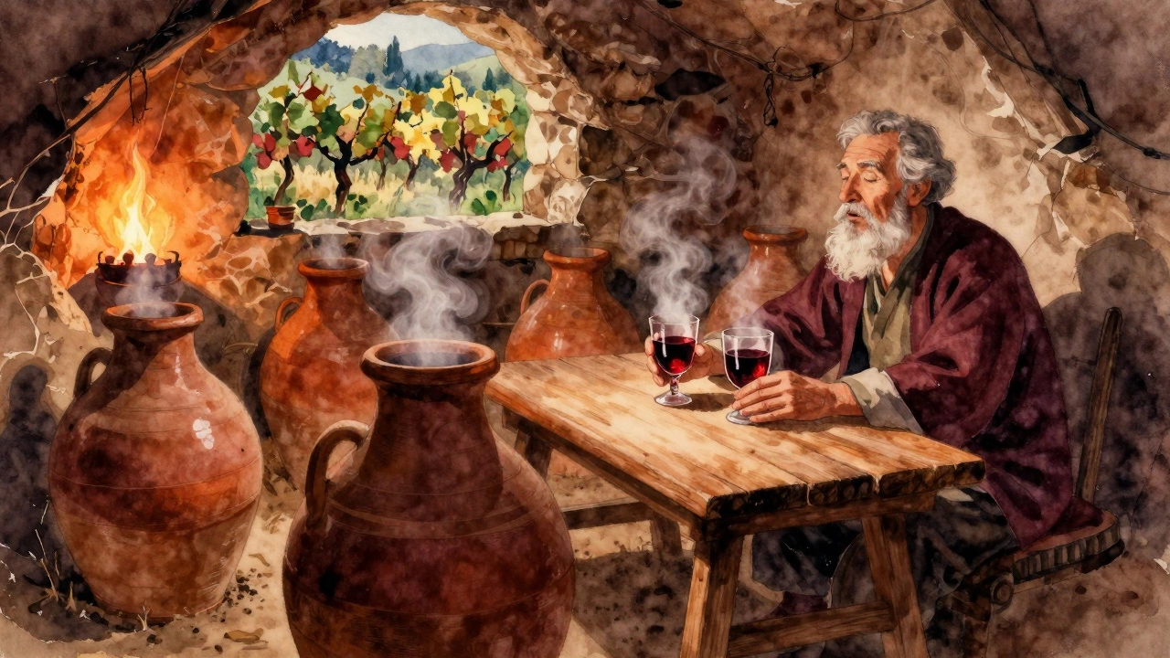 Грузинские кувшины квеври в пещере, люди пьют вино у огня.