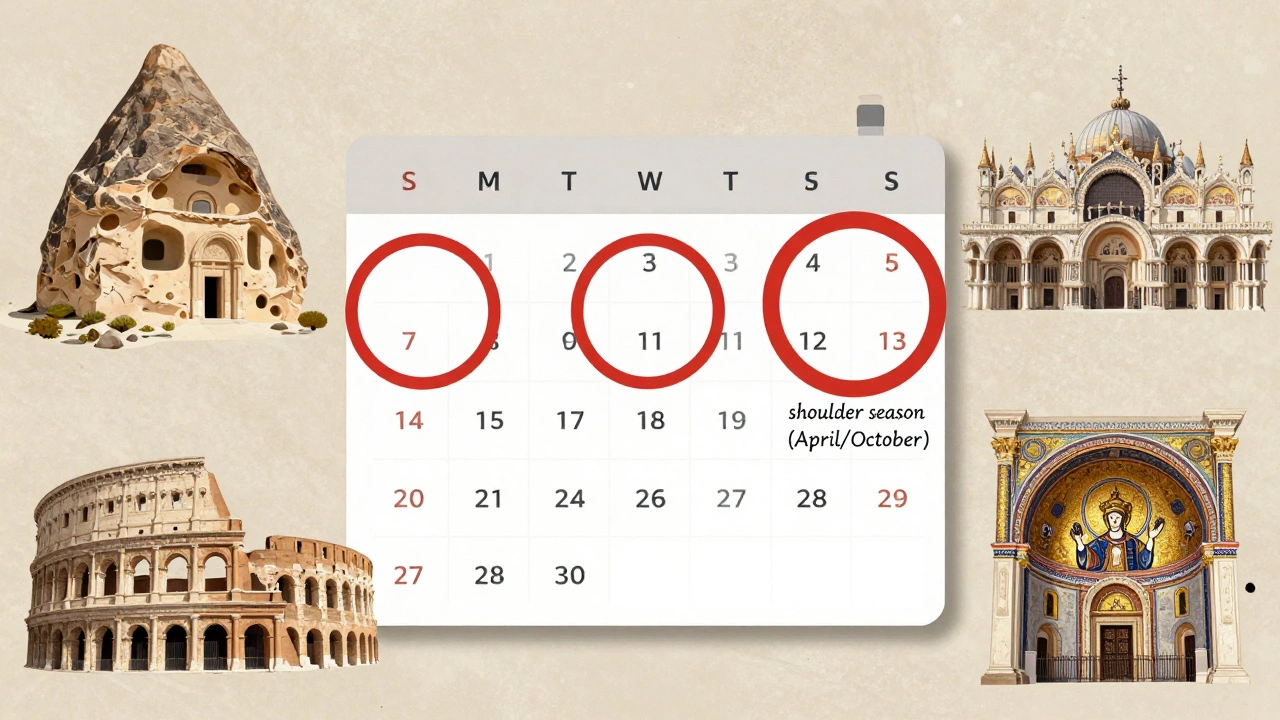 Календарь с выделенными датами для поиска горящих путевок и иконами древних мест: Каппадокия, Сиракузы, Равенна.
