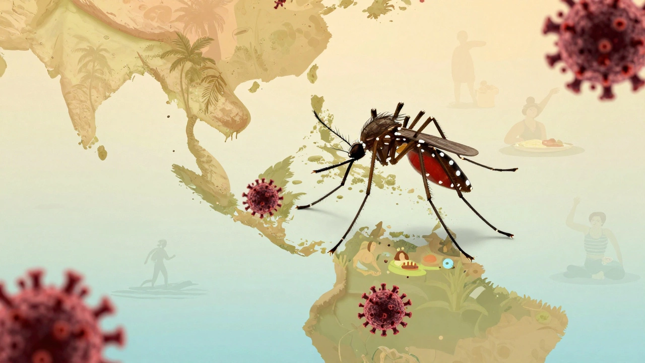 Комар с паразитом над картой тропических регионов, вокруг — силуэты туристов.