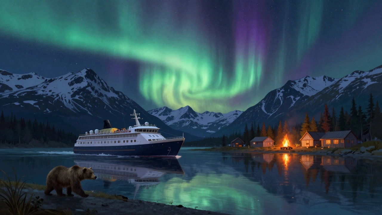 Круизный катер под северным сиянием в Аляске, где медведь идет по берегу, а за ним — тихая деревня коренных народов.