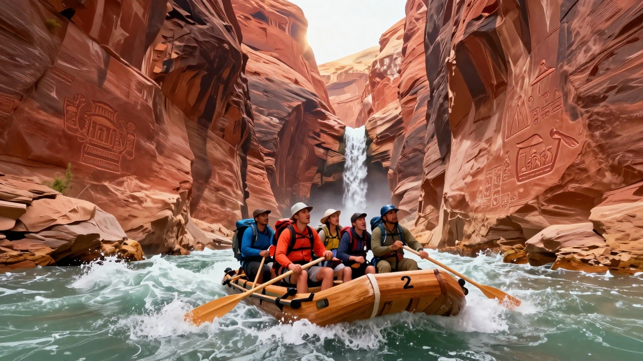 Маленькая лодка спускается по бурной реке в Гранд-Каньоне среди высоких красных скал и древних наскальных рисунков.