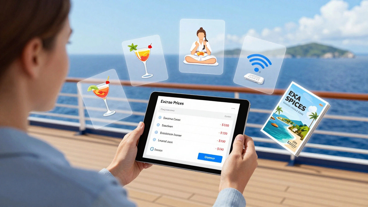 Пассажир рассматривает дополнительные платные услуги на круизе: напитки, Wi-Fi и экскурсии.