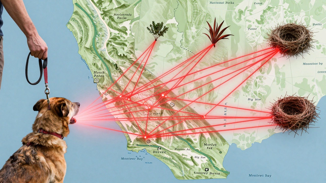 Поводок собаки превращается в красные линии, разрушающие экосистемы на карте Калифорнии.