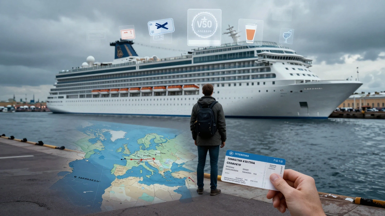 Путешественник у порта в Санкт-Петербурге с картой маршрутов и тенями скрытых расходов.