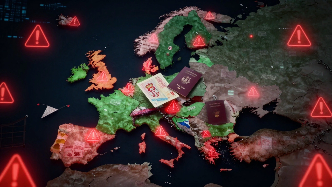 Разбитая карта Европы: красные зоны запрета, зелёные — Сербия и Черногория.