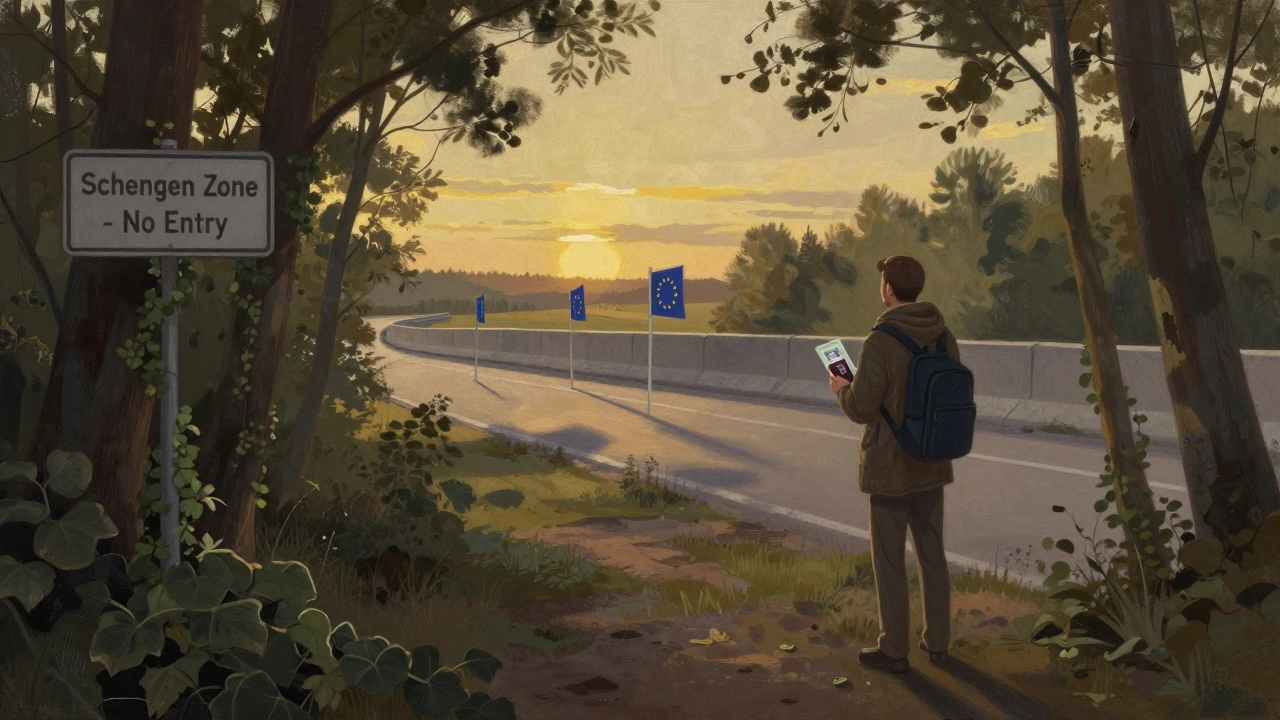 Россиянин у границы Сербии и Хорватии, глядит на ограждение ЕС.