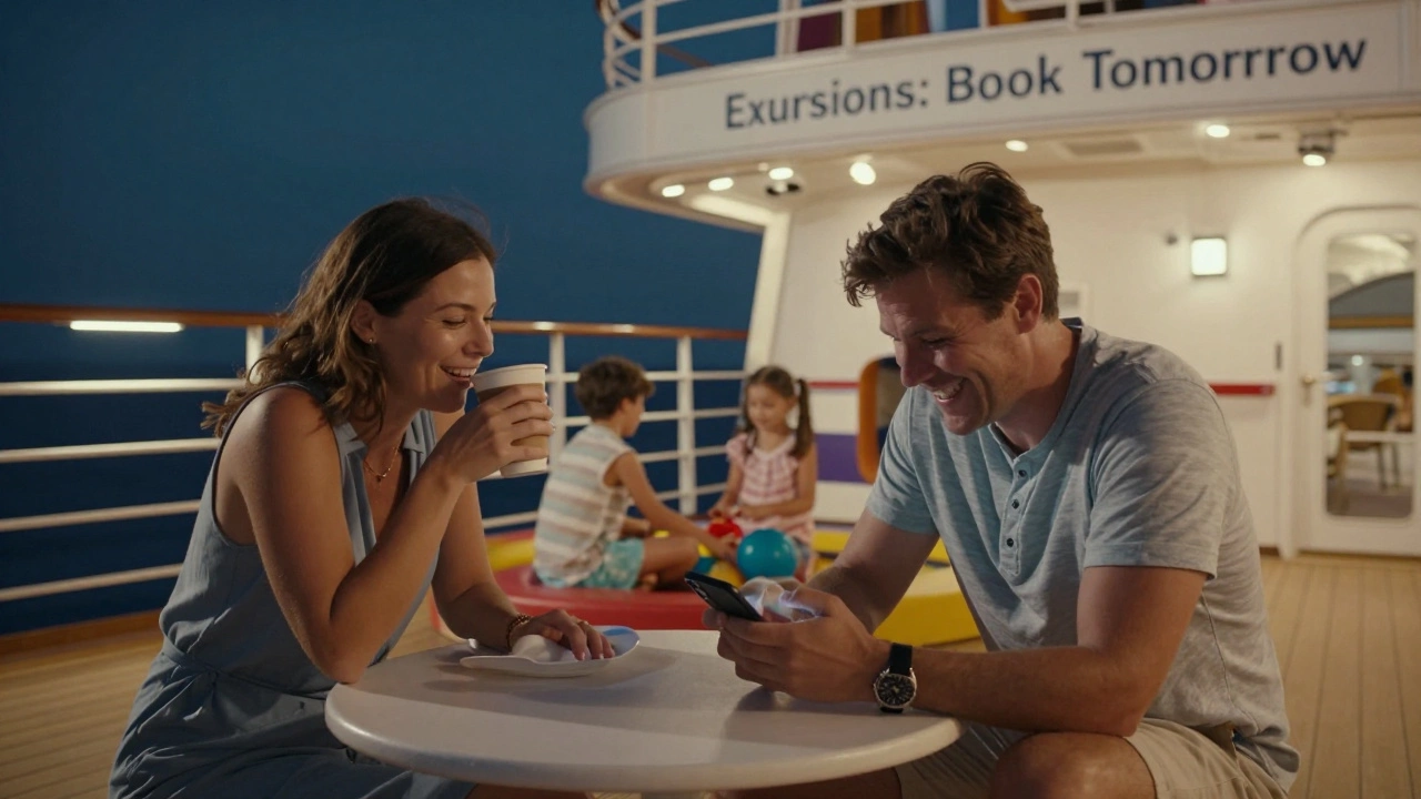 Семья на круизе наслаждается бесплатными развлечениями и отдыхом без лишних трат.